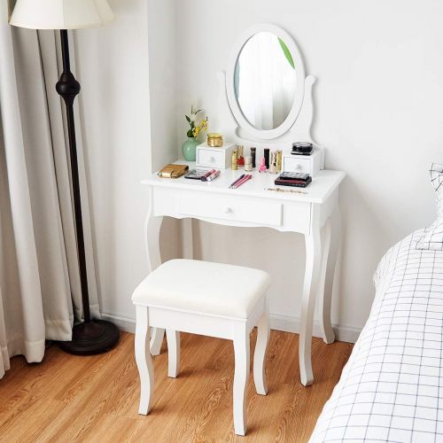 자이언텍스 Giantex Vanity Table Set 3 Drawers with Mirror, Cushioned Bench Bathroom Bedroom Wood Room Vanities Removable Top Dual Use Jewelry Makeup Dresser Desk, Dressing Tables w/Stool, Whi