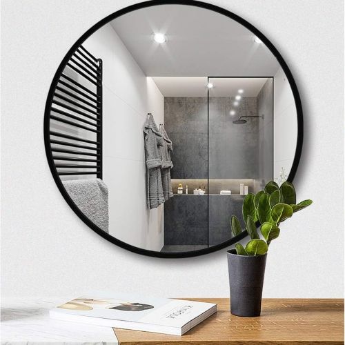  Vanity Mirrors Round mirror bathroom mirror makeup mirror bedroom mirror wall mount mirror solid wood frame (Color : Black, Size : Diameter 60cm (24 inches))