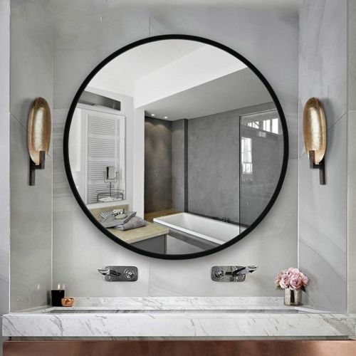  Vanity Mirrors Round mirror bathroom mirror makeup mirror bedroom mirror wall mount mirror solid wood frame (Color : Black, Size : Diameter 60cm (24 inches))