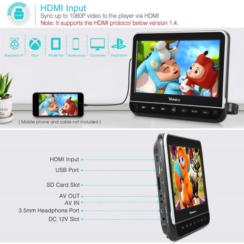  [아마존베스트]Vanku 10.1” Car DVD Player with Headrest Mount for Kids, HDMI Input, Headphone, Support 1080P Video, USB SD, AV in Out, Last Memory, Region Free