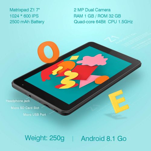  Vankyo MatrixPad Z1 7 inch Tablet, Android 8.1 Oreo Go Edition, 32GB Storage, Quad-Core Processor, IPS HD Display, Wi-Fi, Bluetooth, Black