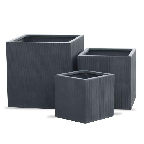  Vase Source Square Indoor Outdoor Planter - Black Matte Cube Shaped Flower Pot with Vertical Line - 16X16X16 Inches