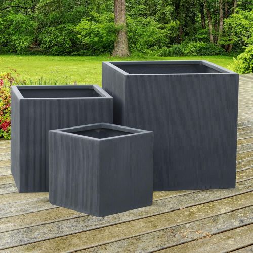  Vase Source Square Indoor Outdoor Planter - Black Matte Cube Shaped Flower Pot with Vertical Line - 16X16X16 Inches