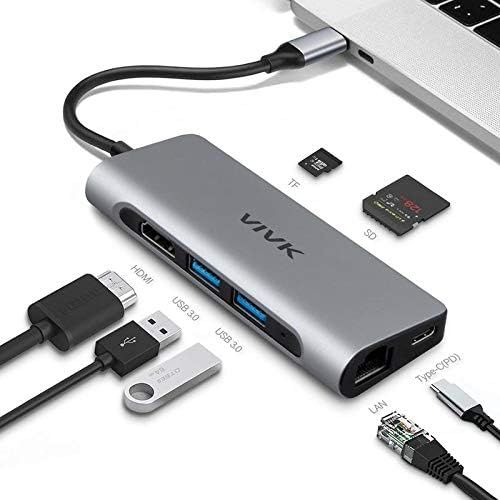  Usb C Hub, VIVK 7-in-1 Type C Stable Hub with 1000Mbps Ethernet Port, 4K HDMI , 2 USB 3.0 Ports, SDTF Card Reader, Charging with 60W Power, for Mac Pro and Other Type C Laptops