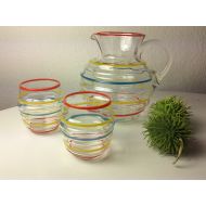 /VasesfromMars Vintage glass juice set colorful stripes lovely set for your retro kitchen pitcher and 2 glasses