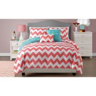 Vc 5 Piece Coral Chevron Print Bedding Comforter Set with Reversible Turquoise Pintucks Design Best for Teen Girls Bedroom - Full / Queen Size