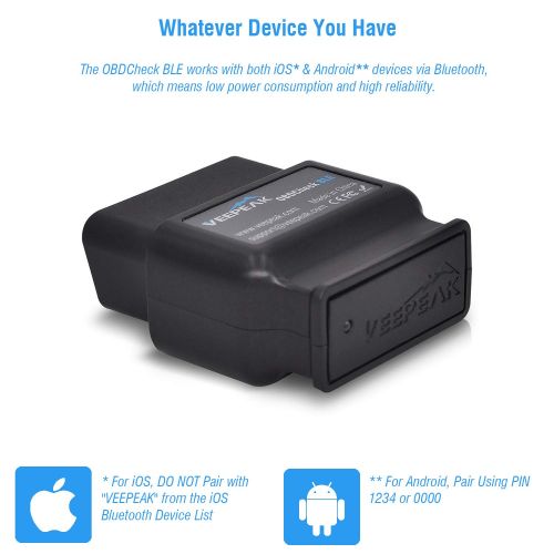  Veepeak OBDCheck BLE OBD2 Bluetooth Scanner Auto OBD II Diagnostic Scan Tool for iOS & Android, Bluetooth 4.0 Car Check Engine Light Code Reader Supports Torque, OBD Fusion app