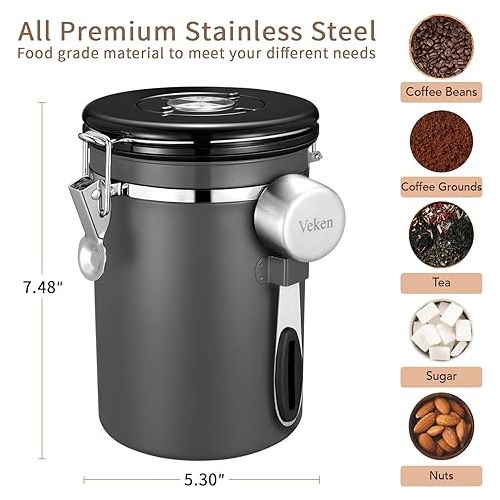  Veken Coffee Canister, Airtight Stainless Steel Kitchen Food Storage Container with Date Tracker and Scoop for Grounds Coffee, Beans, Tea, Flour, Cereal, Sugar, 22OZ, Gray