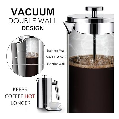  Veken French Press Plunger Coffee Tea Maker 34 Ounce 1 Liter, Double Wall Vacuum Insulated Stainless Steel Coffee Press with 4 Filter Screens for Camping Travel Gifts, Dishwasher Safe, Silver