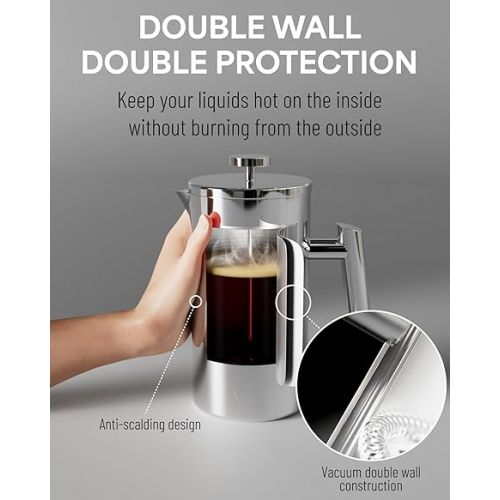  Veken French Press Plunger Coffee Tea Maker 34 Ounce 1 Liter, Double Wall Vacuum Insulated Stainless Steel Coffee Press with 4 Filter Screens for Camping Travel Gifts, Dishwasher Safe, Silver