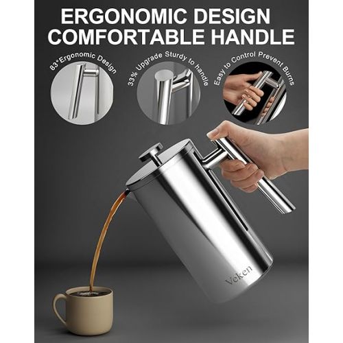  Veken French Press Plunger Coffee Tea Maker 34 Ounce 1 Liter, Double Wall Vacuum Insulated Stainless Steel Coffee Press with 4 Filter Screens for Camping Travel Gifts, Dishwasher Safe, Silver