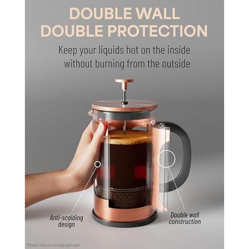  Veken French Press Plunger Coffee Maker Cafetiere, Double Wall Heat Resistant Borosilicate Glass Coffee Press,Cold Brew Coffee Pot for Kitchen and Gifts, Dishwasher Safe, Copper (27 Ounce/800 ml)