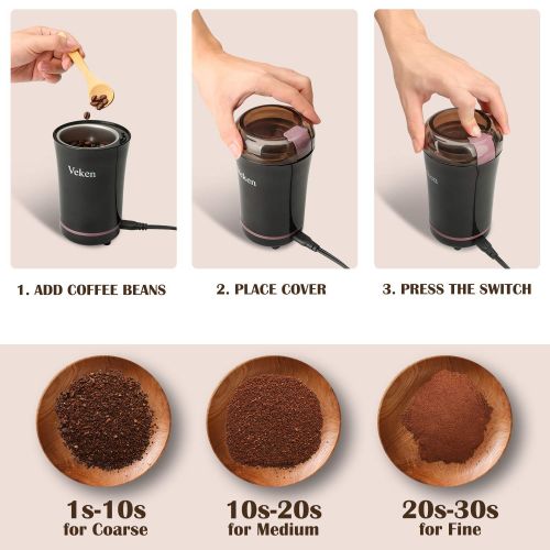  Veken Coffee Grinder Electric Spice & Nut Grinder with Stainless Steel Blade, Detachable Power Cord Coffee Bean Grinder for Coffee Grounds, Grains, 12 Cups (black)