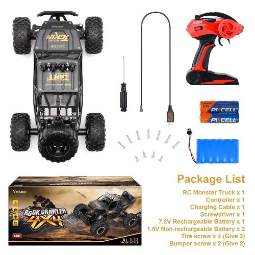  Veken Electric Remote Control Car 1: 12 Large Scale Rechargeable 2.4 Ghz Radio Remote Control Truck Monster High Speed 4 Wd Off Road Vehicle Rock Crawler for Kids Adults