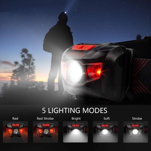  VEKKIA Ultra Bright LED Headlamp - 5 Lighting Modes, White & Red LEDs, Adjustable Strap, IPX6 Water Resistant. Great for Running, Camping, Hiking & More. Batteries Included