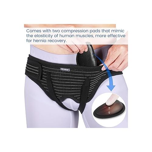  VELPEAU Hernia Belt Truss for Men and Women - Hernia Support Brace for Single/Double Inguinal or Sports Hernia, 2 Removable Compression Pads & Adjustable Groin Straps(Medium, Hip Circumference 35-42