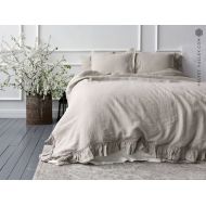 VelvetValley Linen comforter cover -Ruffled beige luxurious doublequeenking size doona cover-stonewashed linen duvet