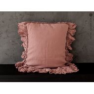 /VelvetValley Linen wood rose pillow sham with ruffles - shabby chic luxurious stonewashed linen pillow sham- standard, queen, king, deco, lumbar size
