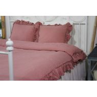 VelvetValley SPECIAL OFFER- Linen wood rose US queen comforter cover with ruffles -wood rose queen size doona cover-wood rose stonewashed linen duvet