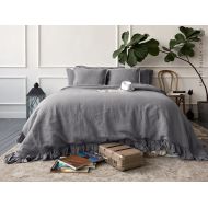 VelvetValley Linen charcoal grey comforter cover -shabby chic bedding-Ruffled charcoal grey queenking size doona cover- comforter set queen
