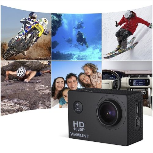  Vemont 1080p 12MP Action Kamera Full HD 2,0 Zoll Bildschirm 30m/98 Fuss Wasserdichte Sports Kamera mit Zubehoer Kits fuer Fahrrad Motorrad Tauchen Schwimmen usw (Schwarz)