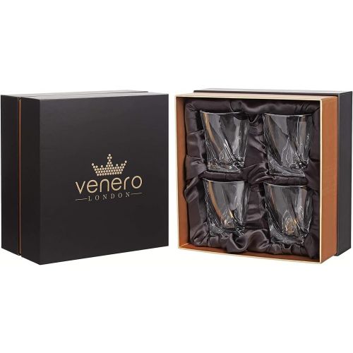  [아마존베스트]Venero London Venero Crystal Whiskey Glasses, Set of 4 Rocks Glasses in Gift Box - Lowball Bar Glasses for Drinking Bourbon, Scotch Whisky, Cocktails, Cognac - Old Fashioned Cocktail Tumblers