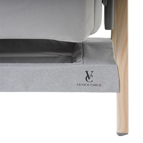  California Dreaming Bedside Crib by VENICE CHILD - Bassinet w/Travel Case, Bamboo Bassinet Sheet, Removable Bamboo Compressed Cotton Mattress, Height Adjustable, Easy Clean - Grey