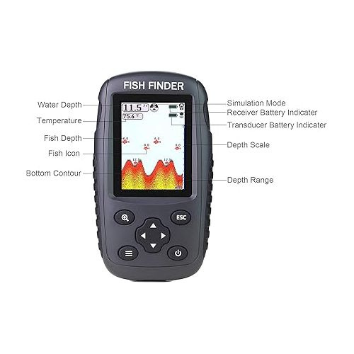  Portable Rechargeable Fish Finder Wireless Sonar Sensor Fishfinder Depth Locator with Fish Size, Water Temperature, Bottom Contour, Color LCD Display