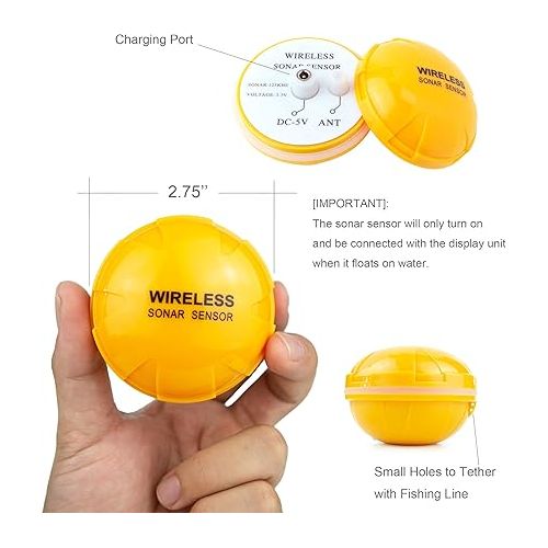  Portable Rechargeable Fish Finder Wireless Sonar Sensor Fishfinder Depth Locator with Fish Size, Water Temperature, Bottom Contour, Color LCD Display