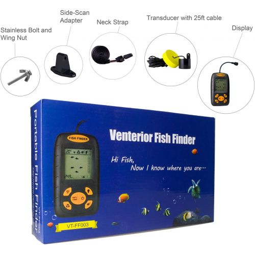  Venterior Portable Fish Finder, Water Depth & Temperature Fishfinder with Wired Sonar Sensor Transducer and LCD Display