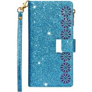 [아마존베스트]Vepbk Case for Samsung Galaxy A21S Glitter Flip Case Leather Wallet with Card Slot Magnetic Hand Strap Wallet Flip Case Cover for Galaxy A21S Blue