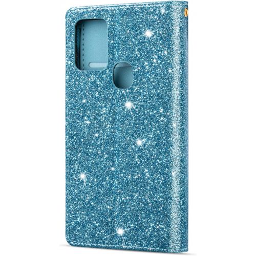  [아마존베스트]Vepbk Case for Samsung Galaxy A21S Glitter Flip Case Leather Wallet with Card Slot Magnetic Hand Strap Wallet Flip Case Cover for Galaxy A21S Blue