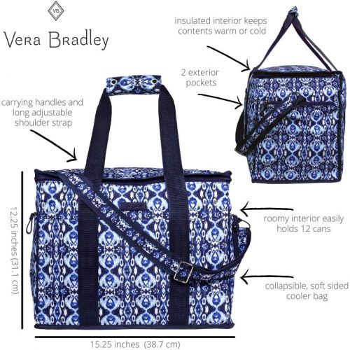  Vera Bradley Leak Resistant Insulated Cooler Bag Large Capacity, Navy Blue Soft Sided Collapsible Cooler, Portable Beach Tote Bag with Handles and Adjustable Shoulder Strap, Ikat I