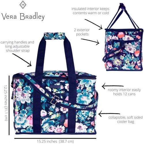  Vera Bradley Leak Resistant Insulated Cooler Bag Large Capacity, Floral Soft Sided Collapsible Cooler, Portable Beach Tote Bag with Handles and Adjustable Shoulder Strap, Garden Gr