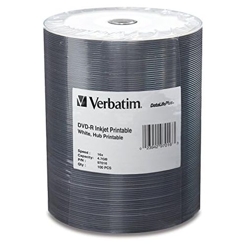  [아마존베스트]Verbatim DVD-R 4.7GB 16X DataLifePlus White Inkjet Printable Surface, Hub Printable - 100pk Tape Wrap