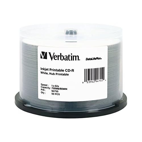  [아마존베스트]Verbatim CD-R 700MB 52X DataLifePlus White Inkjet Printable, Hub Printable - 50pk Spindle - 94755
