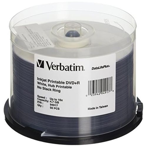  [아마존베스트]Verbatim DVD+R 4.7GB 16X DataLifePlus White Inkjet Printable, Hub Printable - 50pk Spindle - 94917