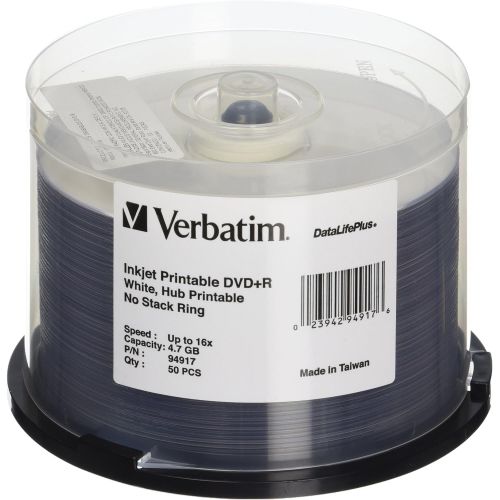  [아마존베스트]Verbatim DVD+R 4.7GB 16X DataLifePlus White Inkjet Printable, Hub Printable - 50pk Spindle - 94917