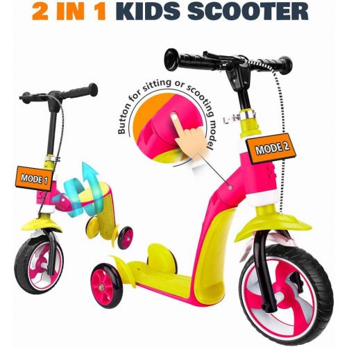  [아마존 핫딜] [아마존핫딜]Verkstar Kick Scooter for Kids Toddlers Girls Boys, 2 in 1 Kids Scooter with Handbrake, Adjustable Handle, Extra-Wide Deck, The Latest Outdoor Toys for Kids Activities (Yellow & Pi