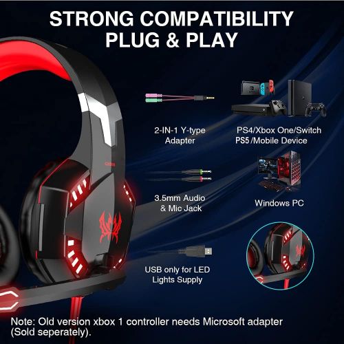  VersionTECH. G2000 Gaming Headset, Surround Stereo Gaming Headphones with Noise Cancelling Mic, LED Lights & Soft Memory Earmuffs for PS5/ PS4/ Xbox One/Nintendo Switch/PC Mac Comp