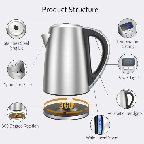  Electric Kettle, VersionTECH. Stainless Steel Kettle, Adjustable Temperature Control 1.8L Cordless Water Tea Boiler Heater with Keep Warm, Auto Shut-Off and Boil-Dry Protection Fun