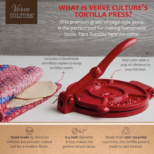  [아마존베스트]Tortilla Press Kit by Verve CULTURE | Red Cast Iron Press + Servilletta | 6.5 in Tortilla Maker