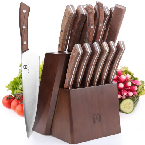  Vestaware Knife Set, 16-Piece Chef Knife Set with Wooden Block, Stainless Steel Kitchen Knives Set with Knife Sharpener, 6 Steak Knives and Bonus Scissors