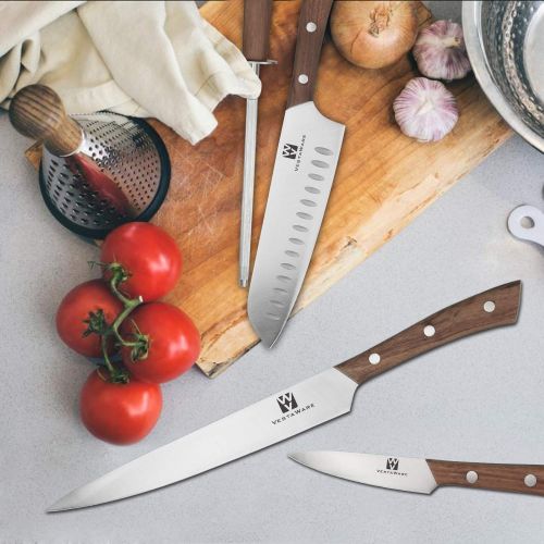  Vestaware Knife Set, 16-Piece Chef Knife Set with Wooden Block, Stainless Steel Kitchen Knives Set with Knife Sharpener, 6 Steak Knives and Bonus Scissors