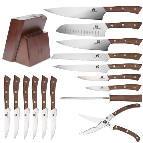  Vestaware Knife Set, 16-Piece Chef Knife Set with Wooden Block, Stainless Steel Kitchen Knives Set with Knife Sharpener, 6 Steak Knives and Bonus Scissors
