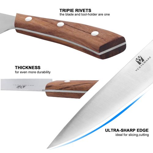  Vestaware Knife Set, 16-Piece Chef Knife Set with Wooden Block, Stainless Steel Kitchen Knives Set with Knife Sharpener, 6 Steak Knives and Bonus Scissors