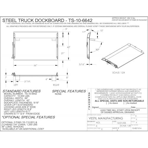  Vestil TS-10-6642 Steel Truck Dockboard, 10000 lb. Capacity, 66 W x 42 L, Blue