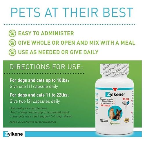  Vetoquinol Zylkene Calming Support Supplement for Small Dogs and Cats, Helps Promote Relaxation and Reduce External Stress Factors, Daily Behavioral Support and Anxiety Relief for Dogs and Cats, 75mg