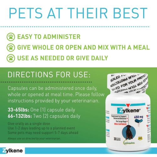  Vetoquinol Zylkene Behavior Support Capsules for Dogs & Cats, 450mg - Calming Natural Milk Protein Supplement - Help Pets Cope with Change & Noise-Related Stress - Non-Drowsy - Lac