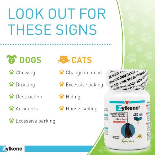  Vetoquinol Zylkene Behavior Support Capsules for Dogs & Cats, 450mg - Calming Natural Milk Protein Supplement - Help Pets Cope with Change & Noise-Related Stress - Non-Drowsy - Lac